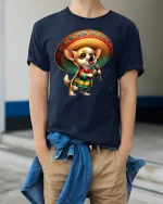 Singing Chihuahua T-Shirt - Funny Sombrero Dog Tee - model wearing navy tee with hands in pockets
