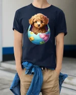 Cute Puppy Easter Egg T-Shirt - Adorable Dog Lover Tee - model wearing navy tee with hands in pockets