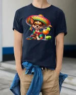 Fiesta Chihuahua T-Shirt - Cute Sombrero Dog Lover Tee - model wearing navy tee with hands in pockets