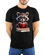 Cute Bookworm Raccoon T-Shirt - Funny Reading Lover Tee - model wearing black tee with hands behind back