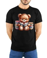 Book Lover Bear T-Shirt - Cute Reading Teddy Tee - model wearing black tee with hands behind back