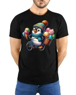 Ice Cream Penguin T-Shirt - Cute Summer Animal Tee - model wearing black tee with hands behind back