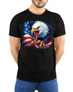 American Eagle T-Shirt - Patriotic USA Flag Pride Tee - model wearing black tee with hands behind back