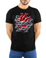 Heart in Chains T-Shirt - Locked Love Gothic Tee - model wearing black tee with hands behind back