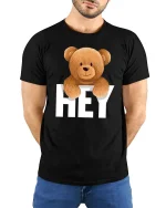 Hey Teddy Bear T-Shirt - Cute Smiling Bear Graphic Tee - model wearing black tee with hands behind back