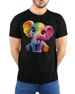 Cute Rainbow Elephant T-Shirt - Adorable Animal Lover Tee - model wearing black tee with hands behind back