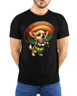 Singing Chihuahua T-Shirt - Funny Sombrero Dog Tee - model wearing black tee with hands behind back