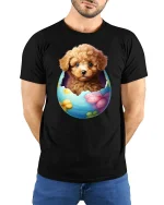 Cute Puppy Easter Egg T-Shirt - Adorable Dog Lover Tee - model wearing black tee with hands behind back