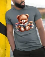 Book Lover Bear T-Shirt - Cute Reading Teddy Tee - model wearing grey tee, leaning on column
