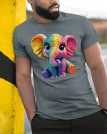 Cute Rainbow Elephant T-Shirt - Adorable Animal Lover Tee - model wearing grey tee, leaning on column
