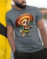 Singing Chihuahua T-Shirt - Funny Sombrero Dog Tee - model wearing grey tee, leaning on column