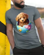 Cute Puppy Easter Egg T-Shirt - Adorable Dog Lover Tee - model wearing grey tee, leaning on column