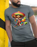 Fiesta Chihuahua T-Shirt - Cute Sombrero Dog Lover Tee - model wearing grey tee, leaning on column