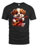 Cute Puppy Playing Guitar Funny Music Lover Tee - black t-shirt on white background