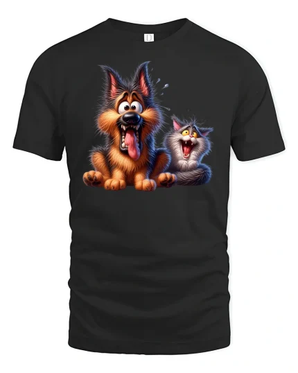 Funny Dog and Cat Duo Laugh Out Loud Cartoon Tee - black t-shirt on white background