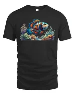 Vibrant Clownfish Coral Reef Ocean Art Graphic Tee - black t-shirt on white background