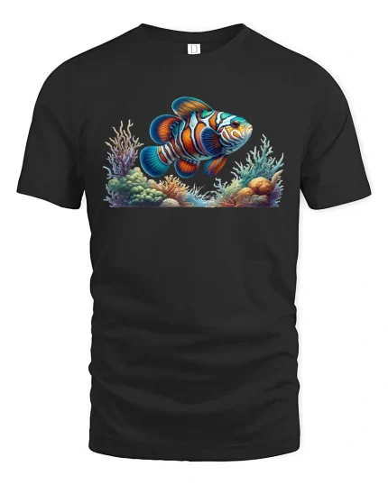 Vibrant Clownfish Coral Reef Ocean Art Graphic Tee - black t-shirt on white background