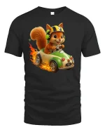 Funny Racing Squirrel Fast Car Driver Cartoon Tee - black t-shirt on white background