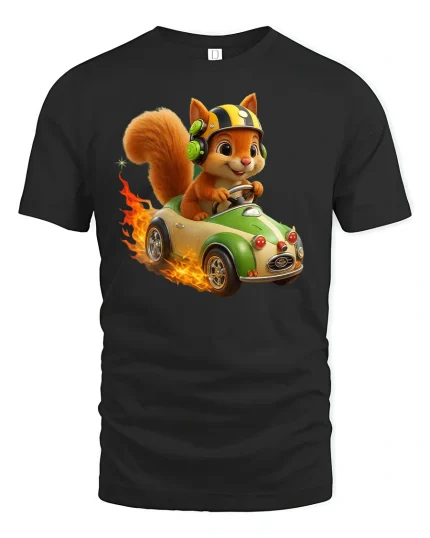 Funny Racing Squirrel Fast Car Driver Cartoon Tee - black t-shirt on white background