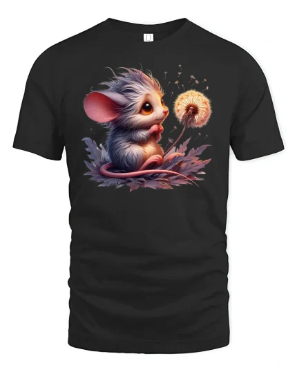 Cute Mouse with Dandelion Whimsical Nature Graphic Tee - black t-shirt on white background