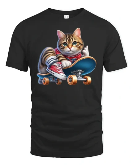 Cool Skateboard Cat Funny Street Style Graphic Tee - black t-shirt on white background