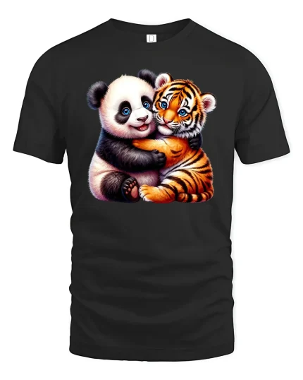 Cute Panda and Tiger Friends Hugging Animal Graphic Tee - black t-shirt on white background