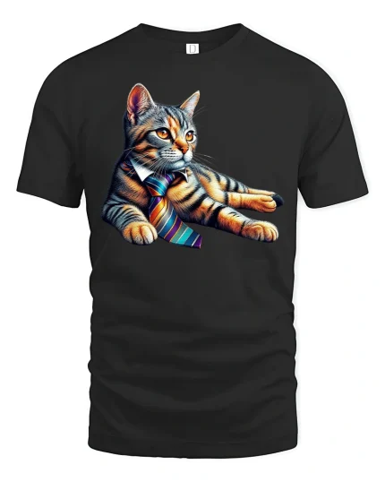 Cool Business Cat Wearing Tie Funny Office Style Tee - black t-shirt on white background