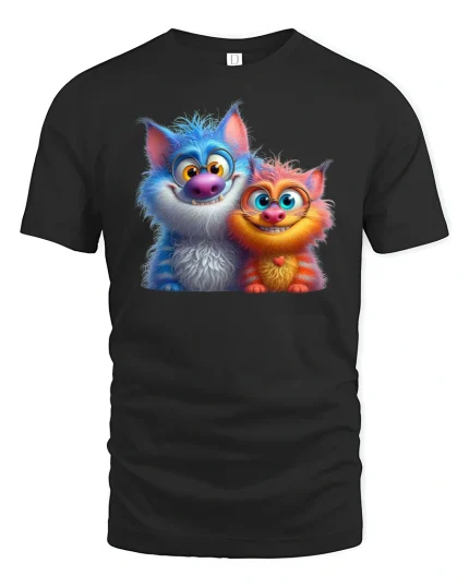 Cute Furry Monster Duo Funny Cartoon Friends Tee - black t-shirt on white background