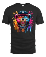 Colorful Hip Hop Bear Dripping Art Graphic T-Shirt - black t-shirt on white background