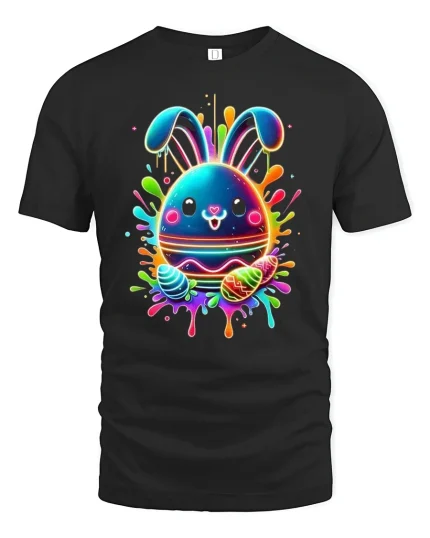 Neon Easter Bunny Egg Splash Funny Colorful Tee - black t-shirt on white background