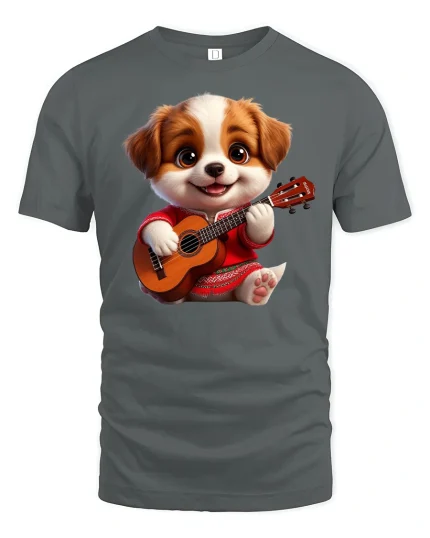 Cute Puppy Playing Guitar Funny Music Lover Tee - gray t-shirt on white background