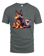 Funny Dog and Cat Duo Laugh Out Loud Cartoon Tee - gray t-shirt on white background
