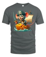 Funny Pirate Mouse Sailing Cheese Ship Cartoon Tee - gray t-shirt on white background