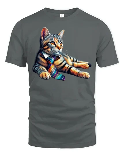 Cool Business Cat Wearing Tie Funny Office Style Tee - gray t-shirt on white background