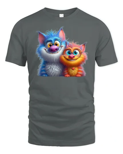 Cute Furry Monster Duo Funny Cartoon Friends Tee - gray t-shirt on white background