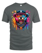Colorful Hip Hop Bear Dripping Art Graphic T-Shirt - gray t-shirt on white background