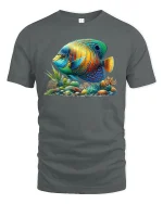 Vibrant Tropical Fish Ocean Reef Art Graphic Tee - gray t-shirt on white background