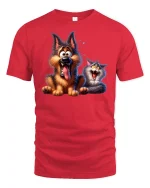 Funny Dog and Cat Duo Laugh Out Loud Cartoon Tee - red t-shirt on white background