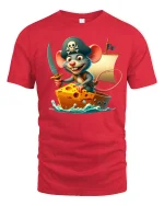Funny Pirate Mouse Sailing Cheese Ship Cartoon Tee - red t-shirt on white background