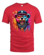 Colorful Hip Hop Bear Dripping Art Graphic T-Shirt - red t-shirt on white background