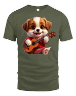 Cute Puppy Playing Guitar Funny Music Lover Tee - military green t-shirt on white background