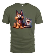 Funny Dog and Cat Duo Laugh Out Loud Cartoon Tee - military green t-shirt on white background