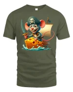 Funny Pirate Mouse Sailing Cheese Ship Cartoon Tee - military green t-shirt on white background