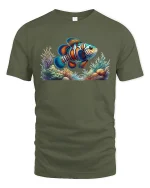 Vibrant Clownfish Coral Reef Ocean Art Graphic Tee - military green t-shirt on white background