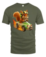 Funny Racing Squirrel Fast Car Driver Cartoon Tee - military green t-shirt on white background