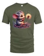 Cute Mouse with Dandelion Whimsical Nature Graphic Tee - military green t-shirt on white background