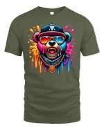 Colorful Hip Hop Bear Dripping Art Graphic T-Shirt - military green t-shirt on white background
