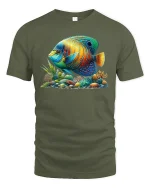 Vibrant Tropical Fish Ocean Reef Art Graphic Tee - military green t-shirt on white background