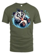 Funny Splashing Panda Cute Cartoon Graphic T-Shirt - military green t-shirt on white background