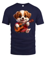 Cute Puppy Playing Guitar Funny Music Lover Tee - navy t-shirt on white background